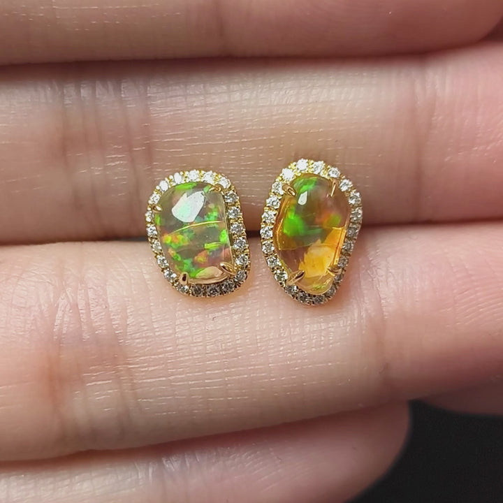 Asymmetrical Fire Opal Diamond Halo Stud Earrings