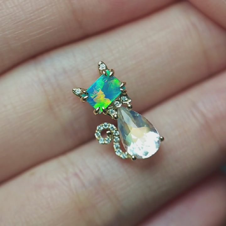 Cat Solid Opal Moonstone & Diamond Necklace 14k Yellow Gold
