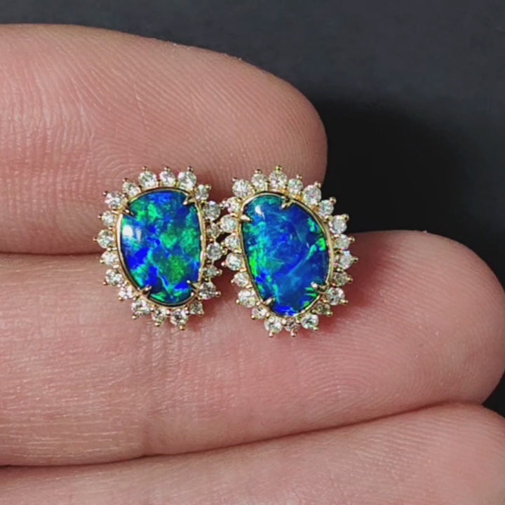 Ocean Blue Doublet Opal Diamond Hola Stud Earrings