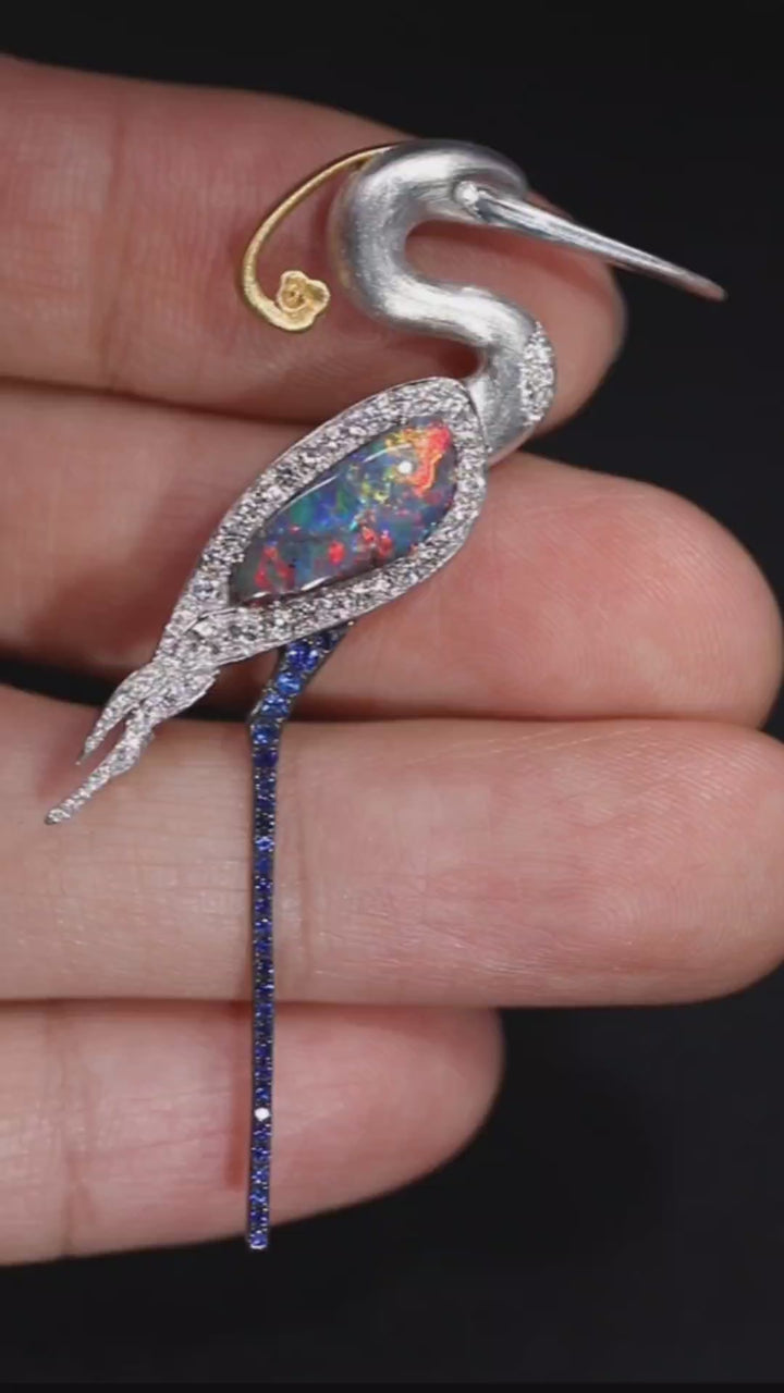 Egret Boulder Opal Diamond Pendant Brooch