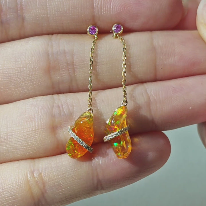 Ribbon Wrapped Mexican Fire Opal Diamond Drop Earrings