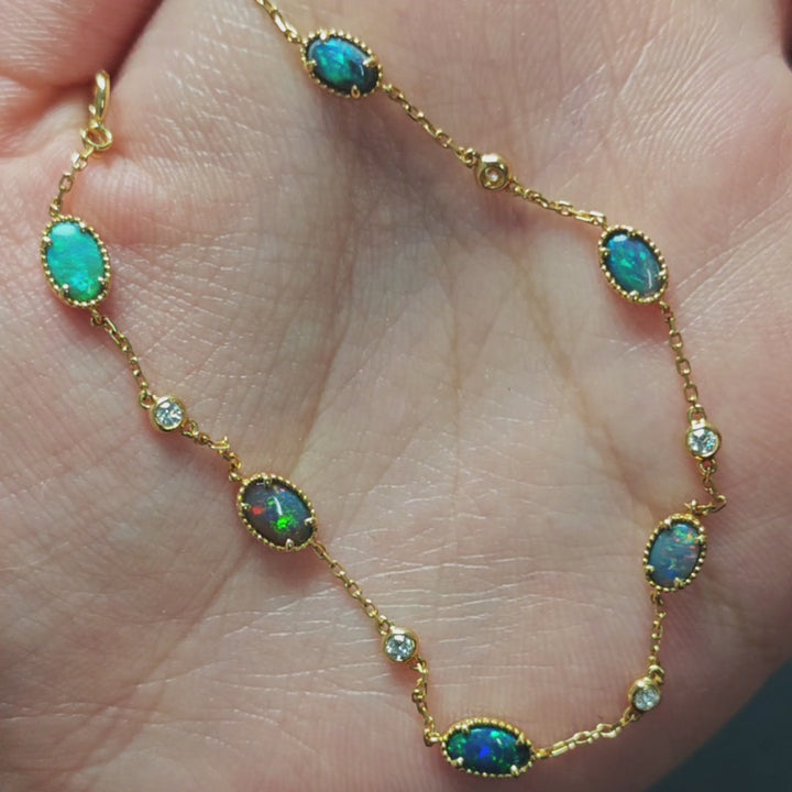 Australian Black Opal Diamond Bracelet in 18K Yellow Gold