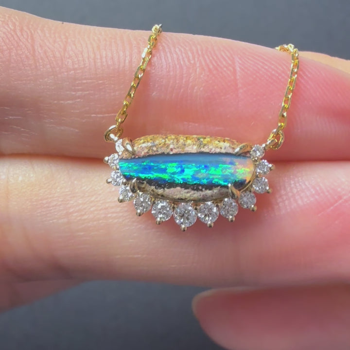 Unique Pattern Boulder Opal Halo Diamond Necklace
