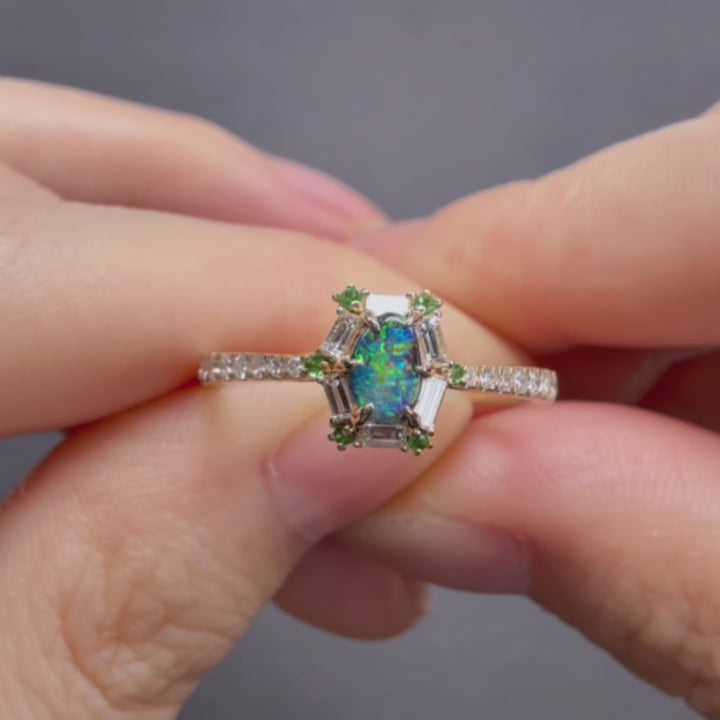 14K Gold Boulder Opal, Baguette Cut Diamond Engagement Ring