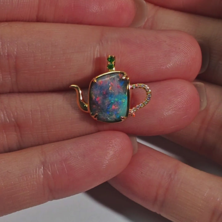 One of Kind Teapot Boulder Opal & Diamond, Tsavorite Necklace