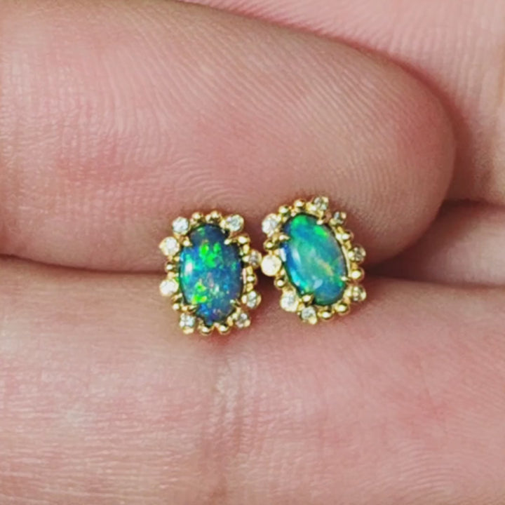 Black Opal & Halo Diamond Stud Earrings