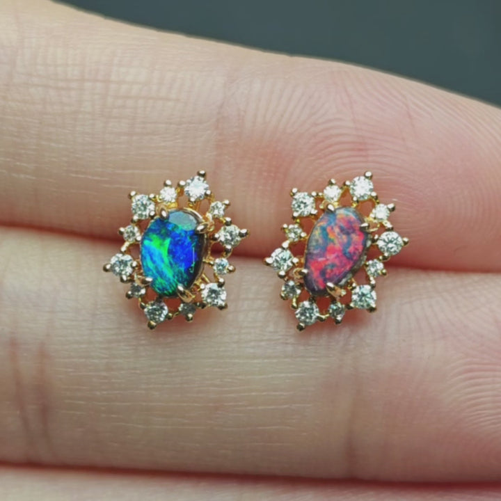 Boulder Opal & Halo Diamond Stud Earrings 18K