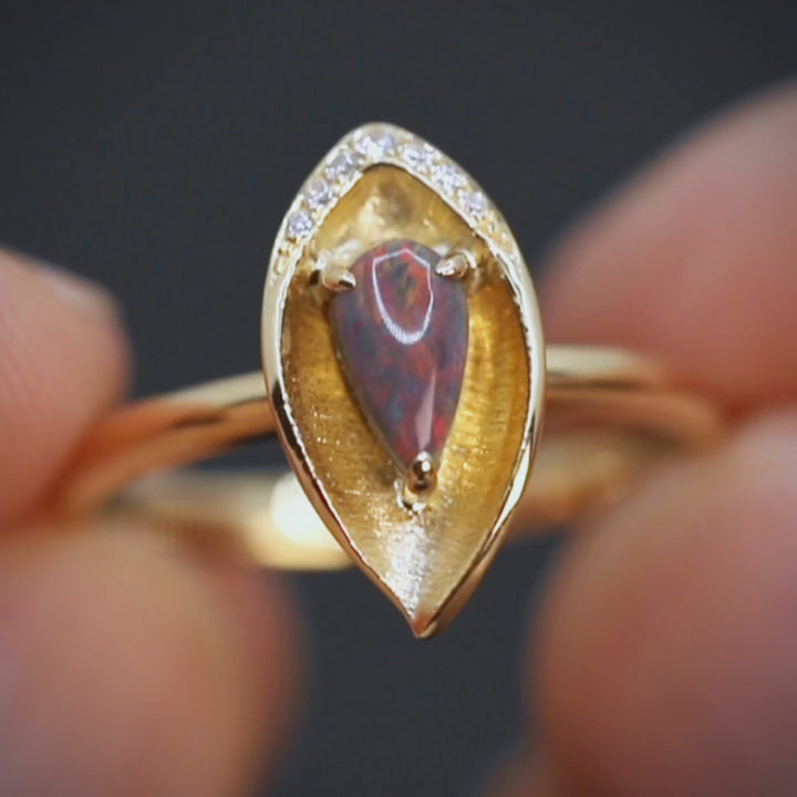 Leaf Black Opal Diamond Ring