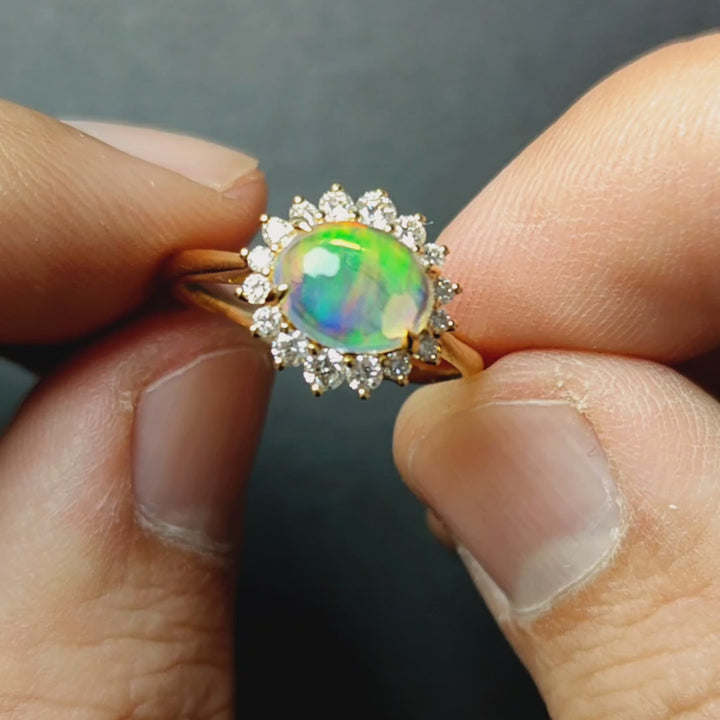 Fire Opal Halo Diamond Engagement Ring