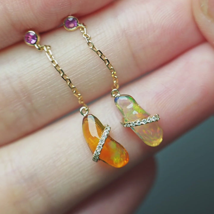 14K Gold Ribbon Wrapped Mexican Fire Opal Diamond Drop Earrings