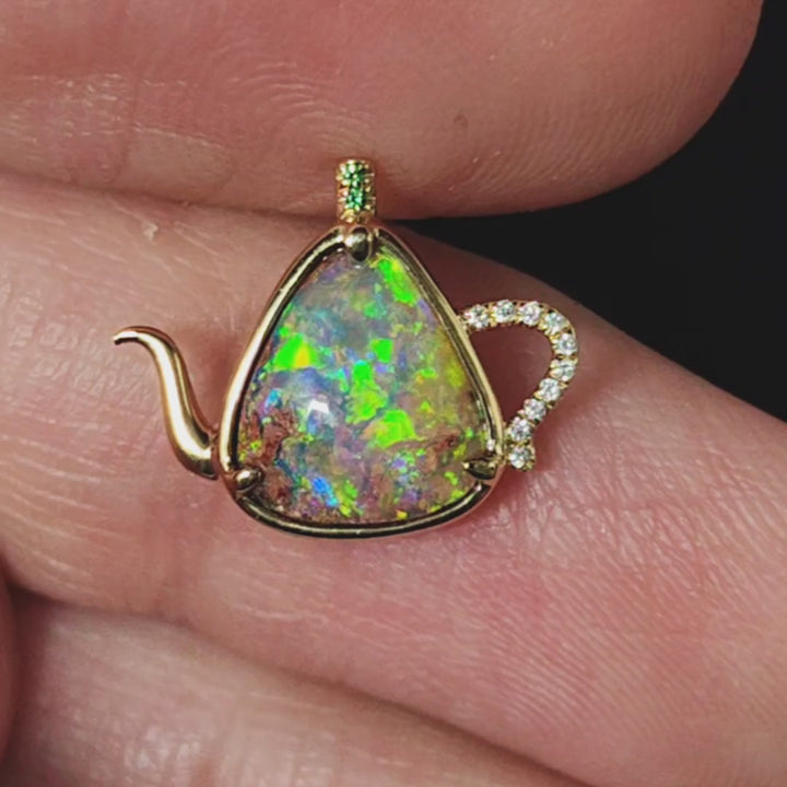 Teapot Fire Opal & Diamond Necklace