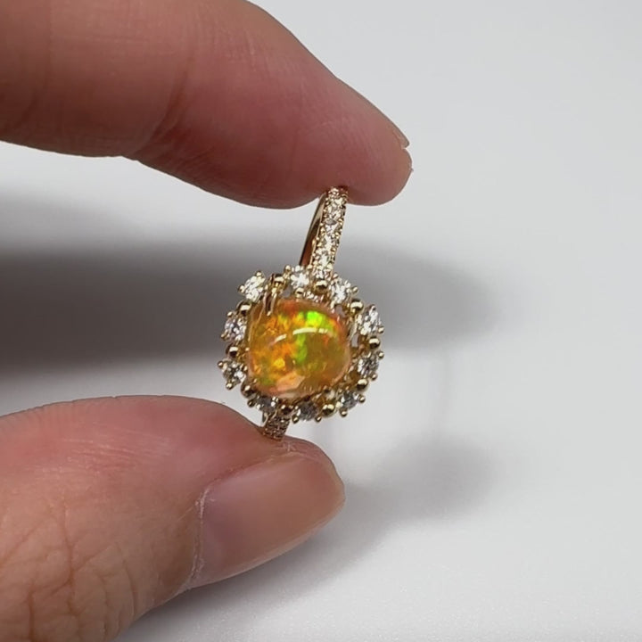 Adorable Orange Fire Opal & Halo Diamond Engagement Ring 