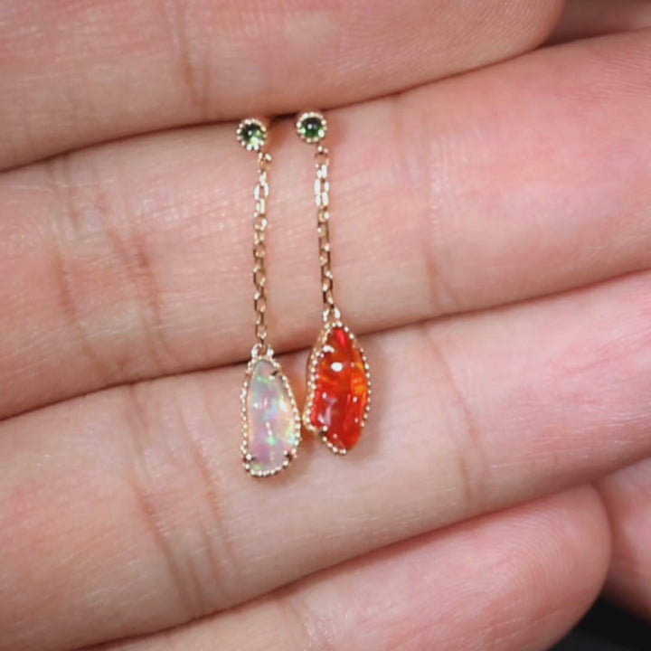 Two Colors Fire Opal Tsavorite Drop Earrings