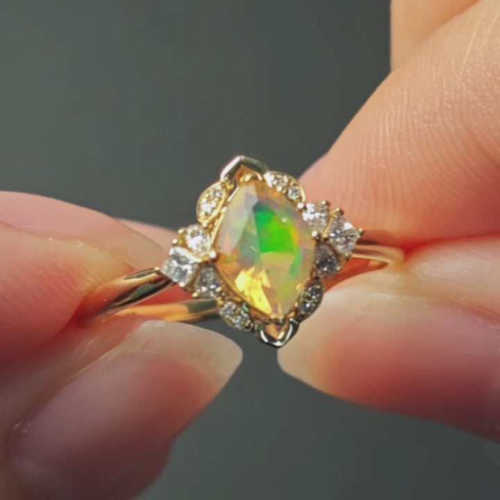 Mexican Fire Opal Halo Diamond Engagement Ring