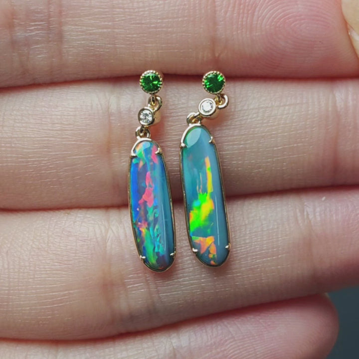 Doublet Opal & Diamond Tsavorite Drop Earrings