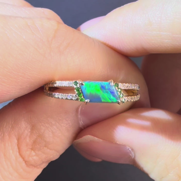 Black Opal Split Shank Engagement Ring with Diamond 