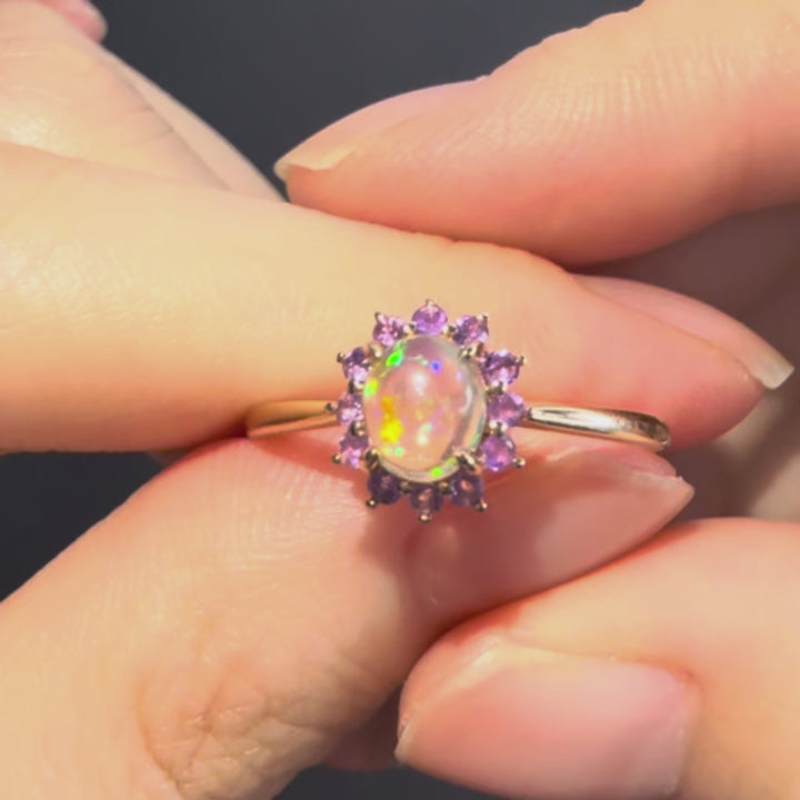 Mexican Fire Opal Amethyst Engagement Halo Ring