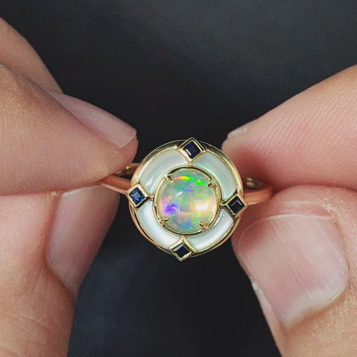 Art Deco Style Fire Opal Sapphire Engagement Ring