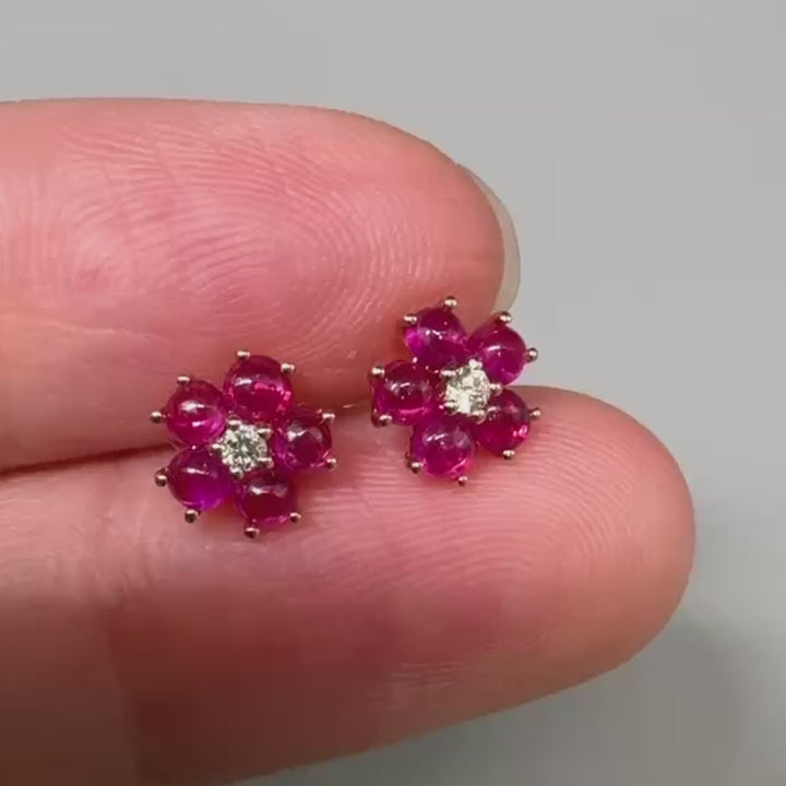 Plum Blossom Sakura Flower Ruby Diamond Stud Earrings