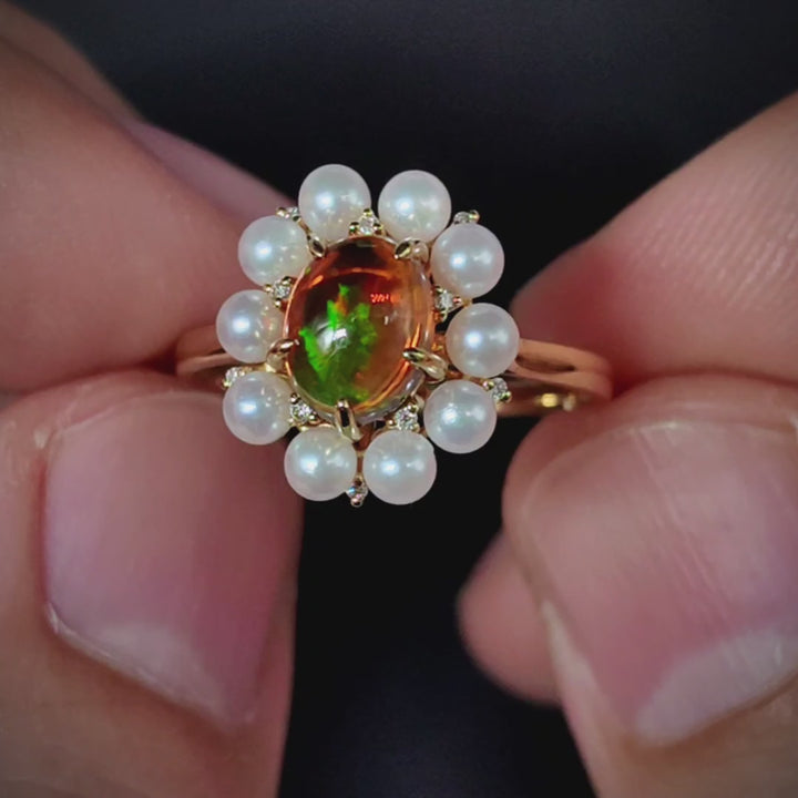 Stunning Engagement Ring Fire Opal Pearl & Diamonds