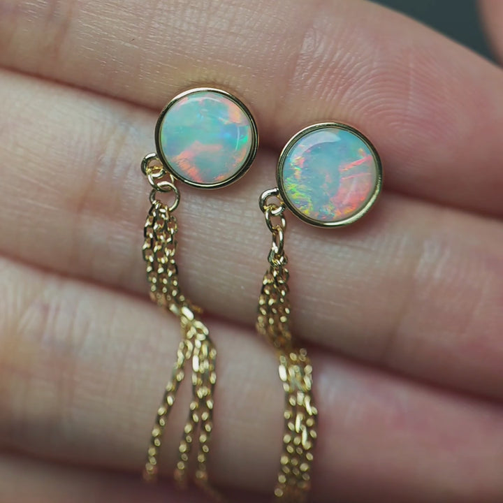 Elegant Australian Solid Opal Drop Earrings in 14K Yellow Gold