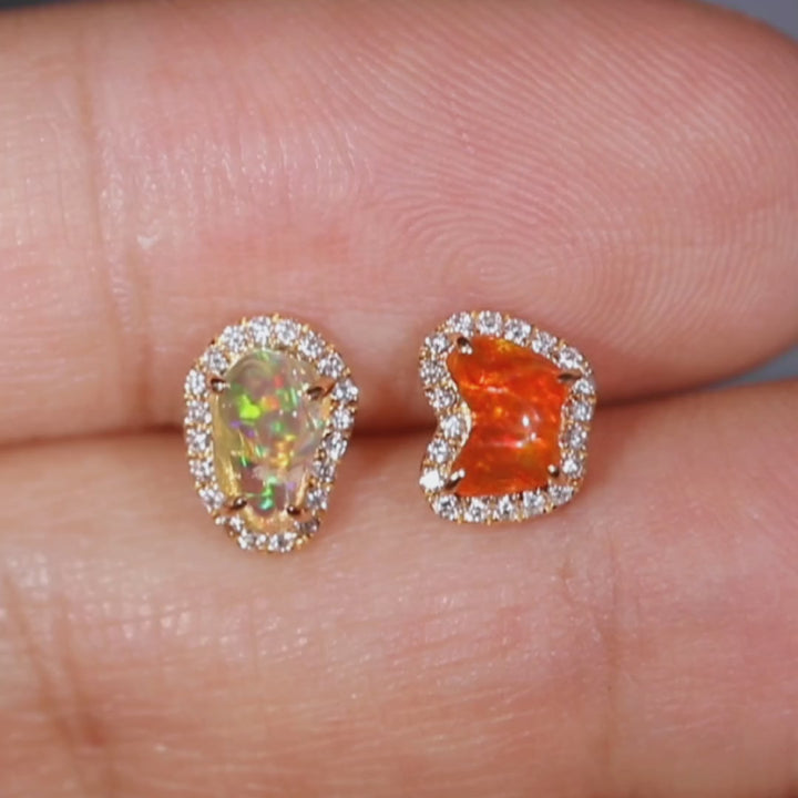Two Colors Fire Opal Diamond Halo Stud Earrings