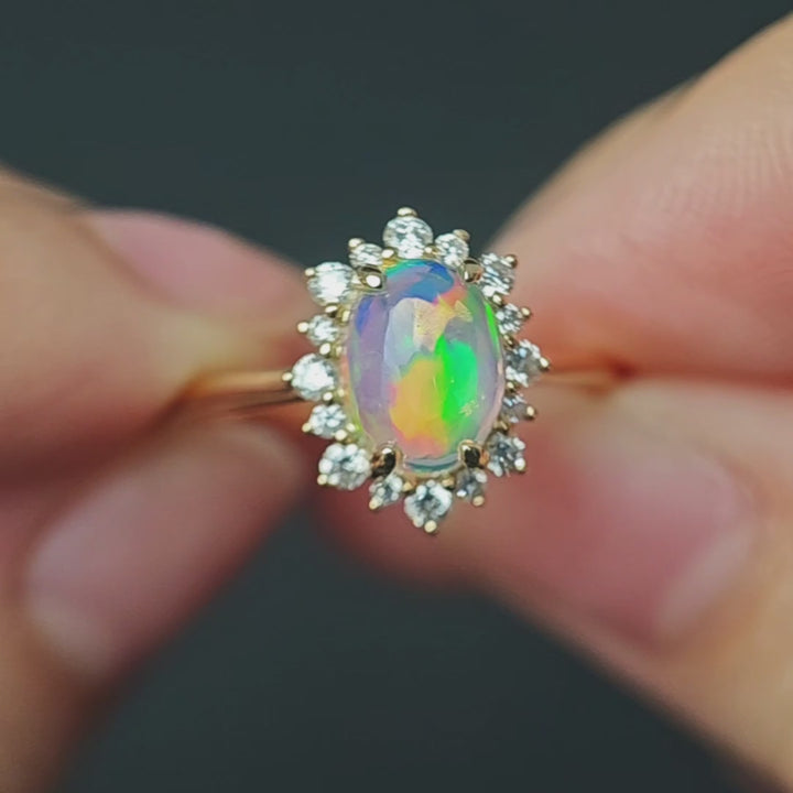Mexican Fire Opal Halo Diamond Engagement Ring 14K Yellow Gold