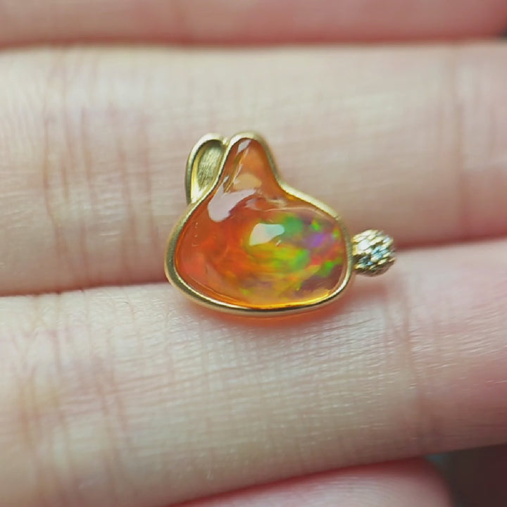 Adorable Rainbow Bunny Mexican Fire Opal & Diamond Pendant Necklace 18K Yellow Gold