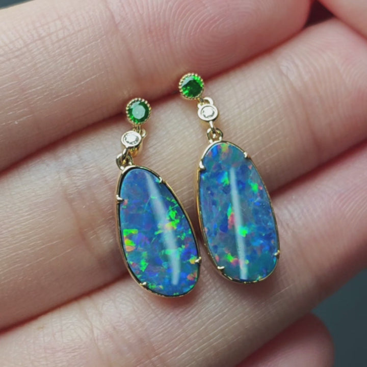 Doublet Opal Diamond Tsavorite Drop Earrings 14K