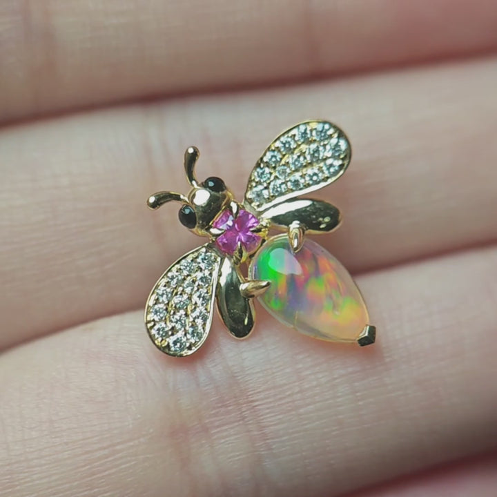 Rainbow Bee Mexican Fire Opal Pink Sapphire Diamond Pendant 18K Yellow Gold