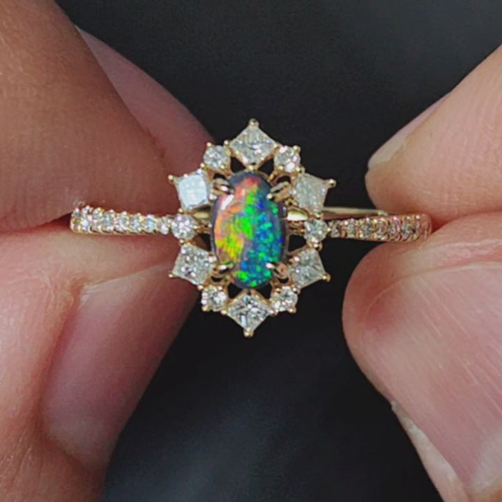 N1 Black Opal  Princess Diamond Halo Engagement Ring