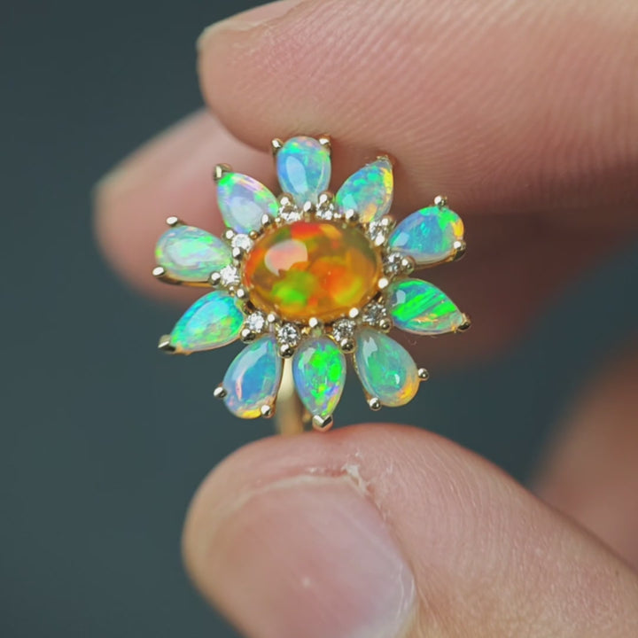 Golden Dahlia – Fire Opal & Australian Opal Floral Diamond Engagement Ring 18K Yellow Gold