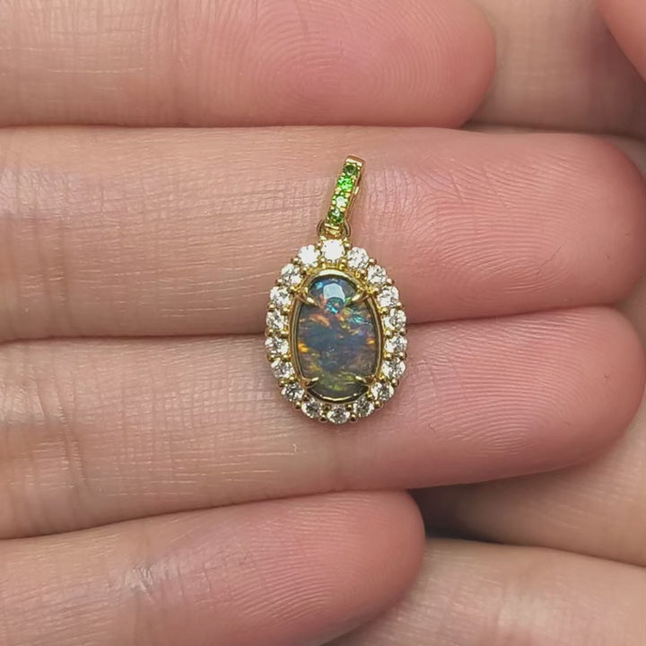 Halo Diamond Tsavorite Australian Black Opal Necklace