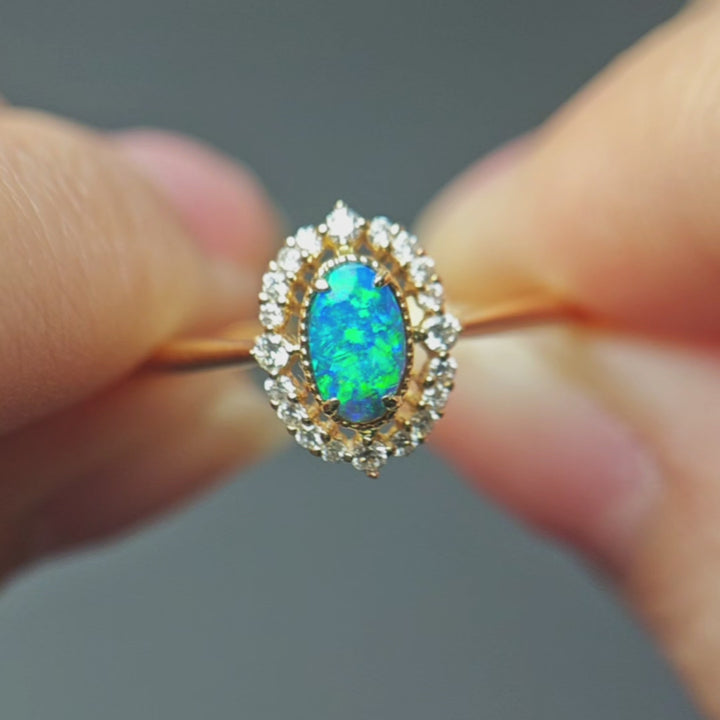 Bright Blue Engagement Ring: Australian Black Opal and Diamond in 14K Yellow Gold