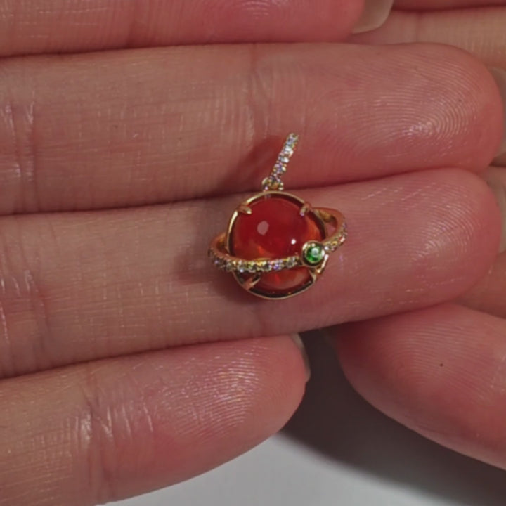 Solar Orbit Fire Opal Pendant – Natural Fire Opal, Diamond & Tsavorite