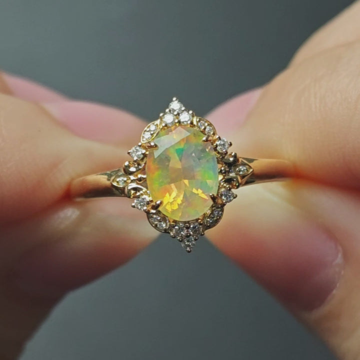 Fire Opal with Diamond Ring in Solid 14K Yellow Gold