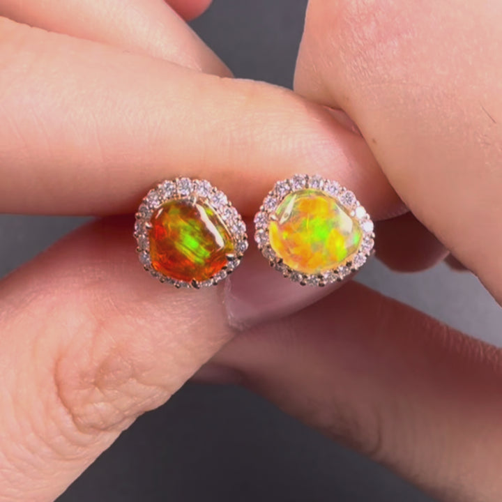 Asymmetrical Fire Opal Diamond Halo Stud Earrings