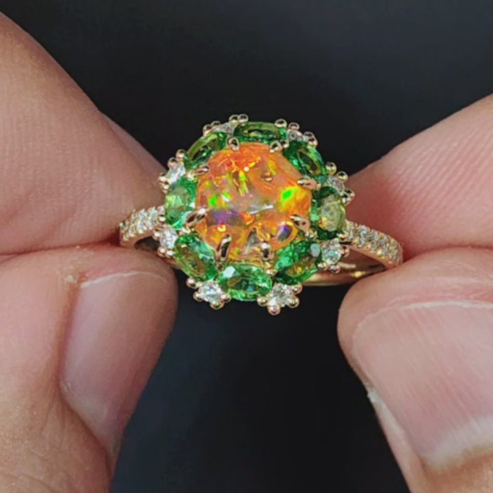 Fire Opal Tsavorite Diamond Engagement Ring 
