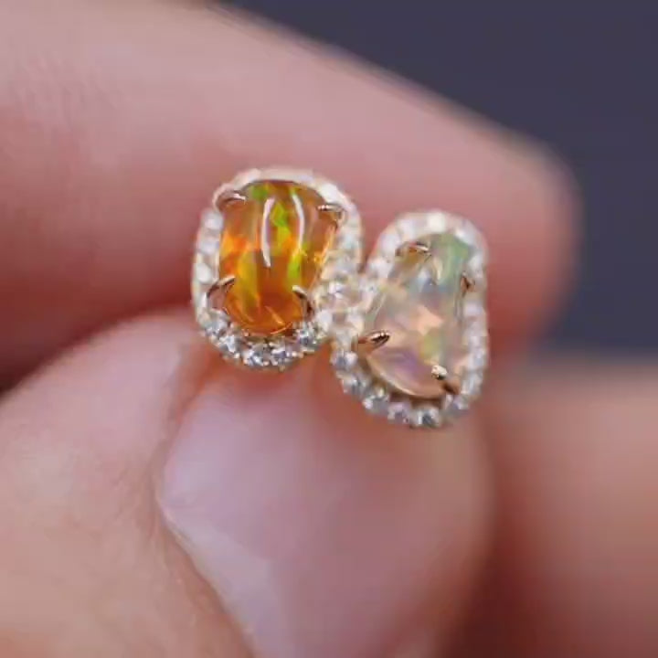 Two Tone Fire Opal Halo Diamond Stud Earrings