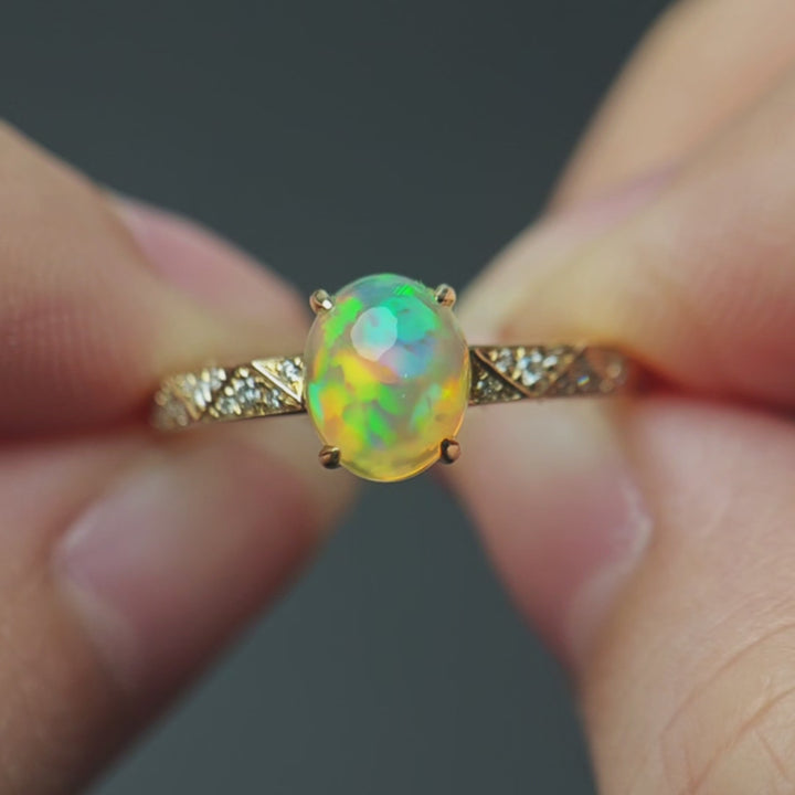 Mexican Fire Opal Diamond Engagement Ring 14K Yellow Gold