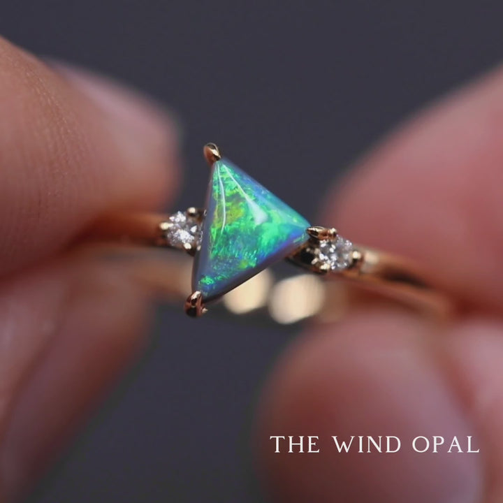 Minimalist Triangle Shaped Australian Black Opal Diamond Engagement Ring-5