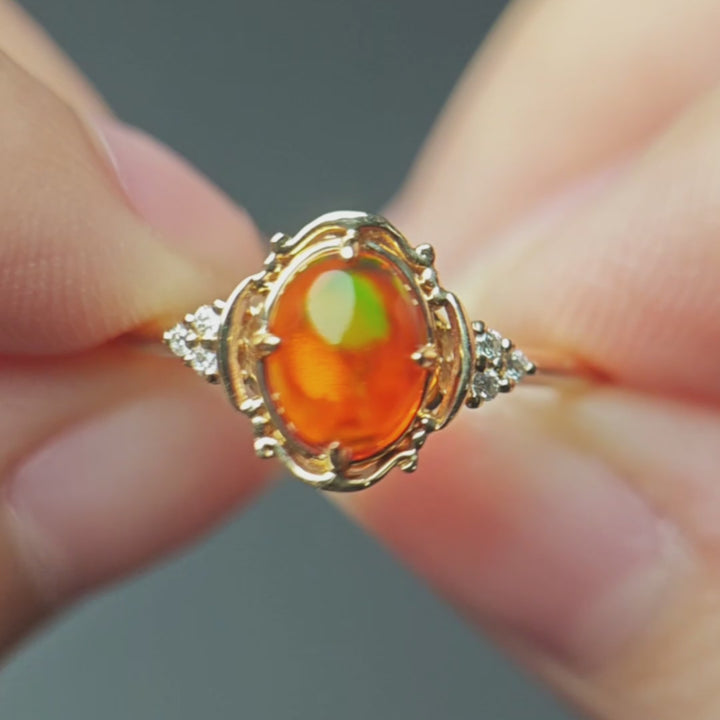 Classy Design Red Mexican Fire Opal Diamond Engagement Ring 14K Yellow Gold