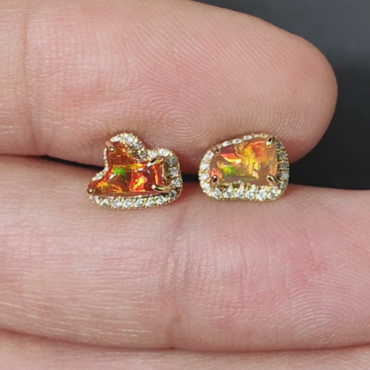 Two Colors Fire Opal Diamond Halo Stud Earrings