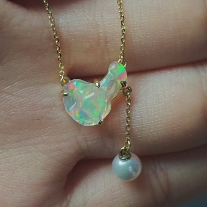 Mexican Fire Opal with Rainbow Flash & Pearl Necklace