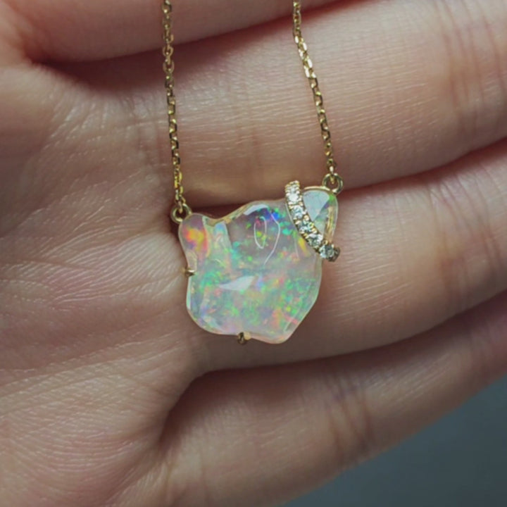 Fire Opal with Rainbow Flash & Diamond Necklace