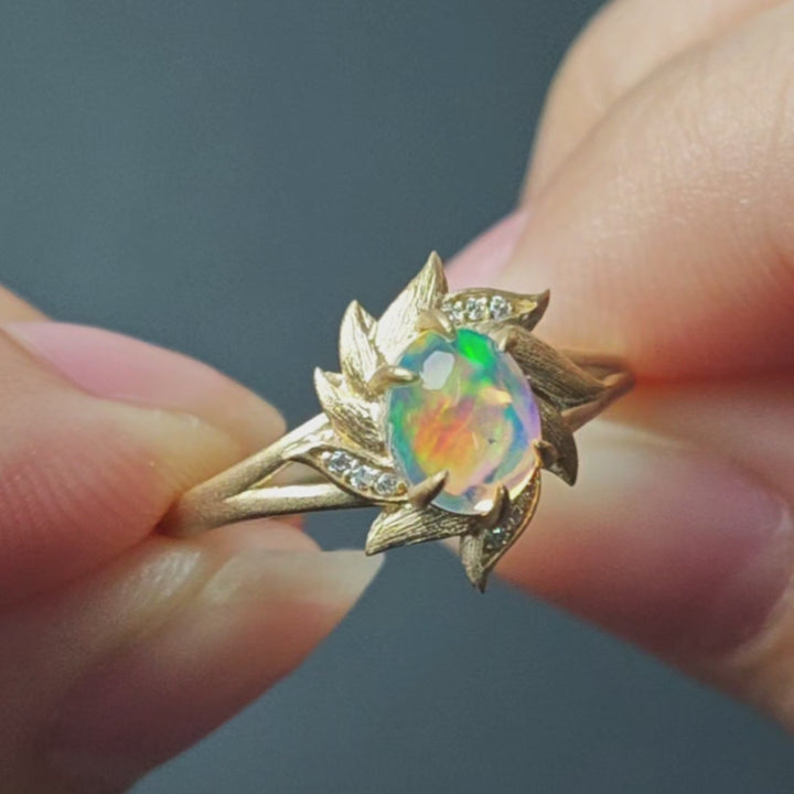 Golden Leaves Design Fire Opal & Diamond Ring