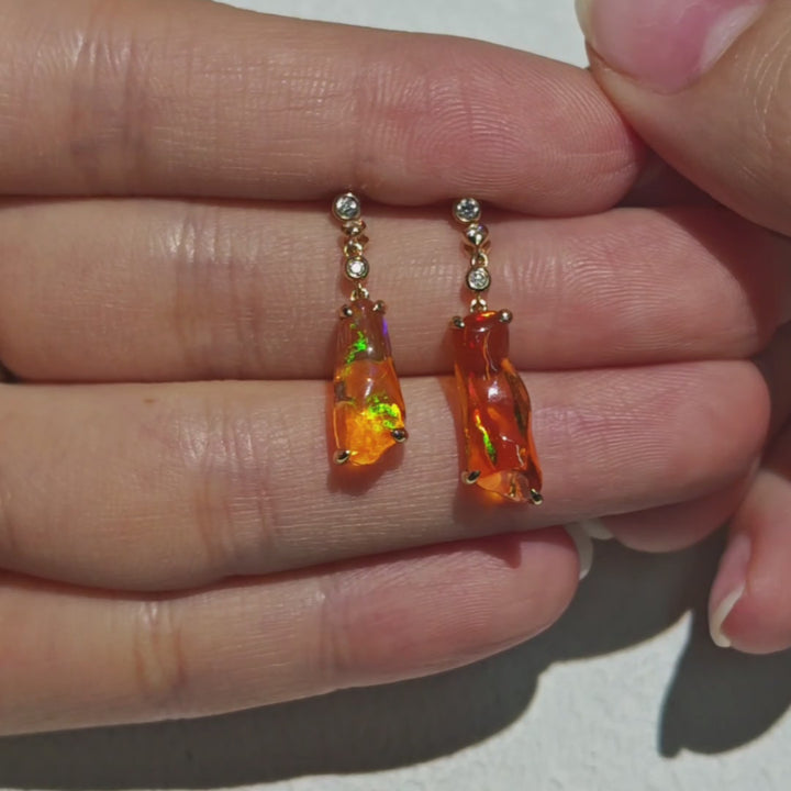 Diamond Fire Opal Asymmetric Drop Earrings