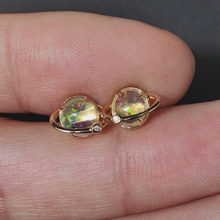 Earth Moon Design Fire Opal Diamond Stud Earrings
