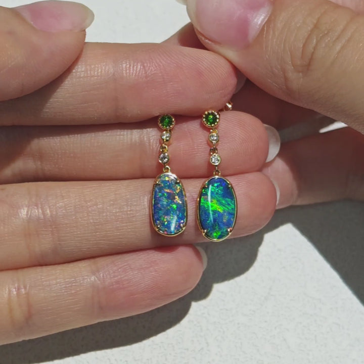 Australian Doublet Opal Diamond Tsavorite Drop Earrings