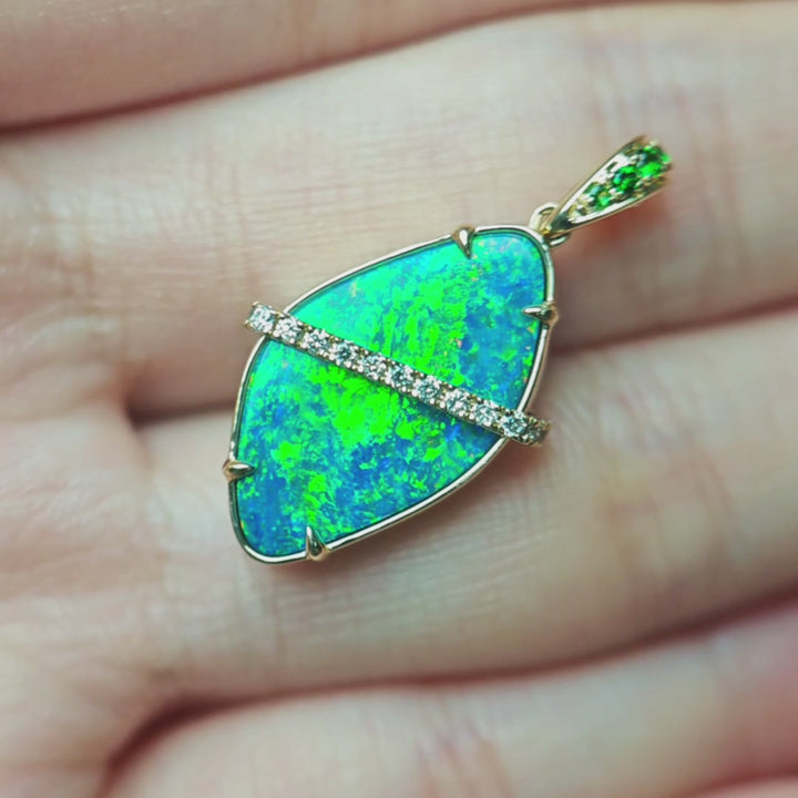 Bright Green Boulder Opal Diamond Tsavorite Pendant Necklace 14K Yellow Gold